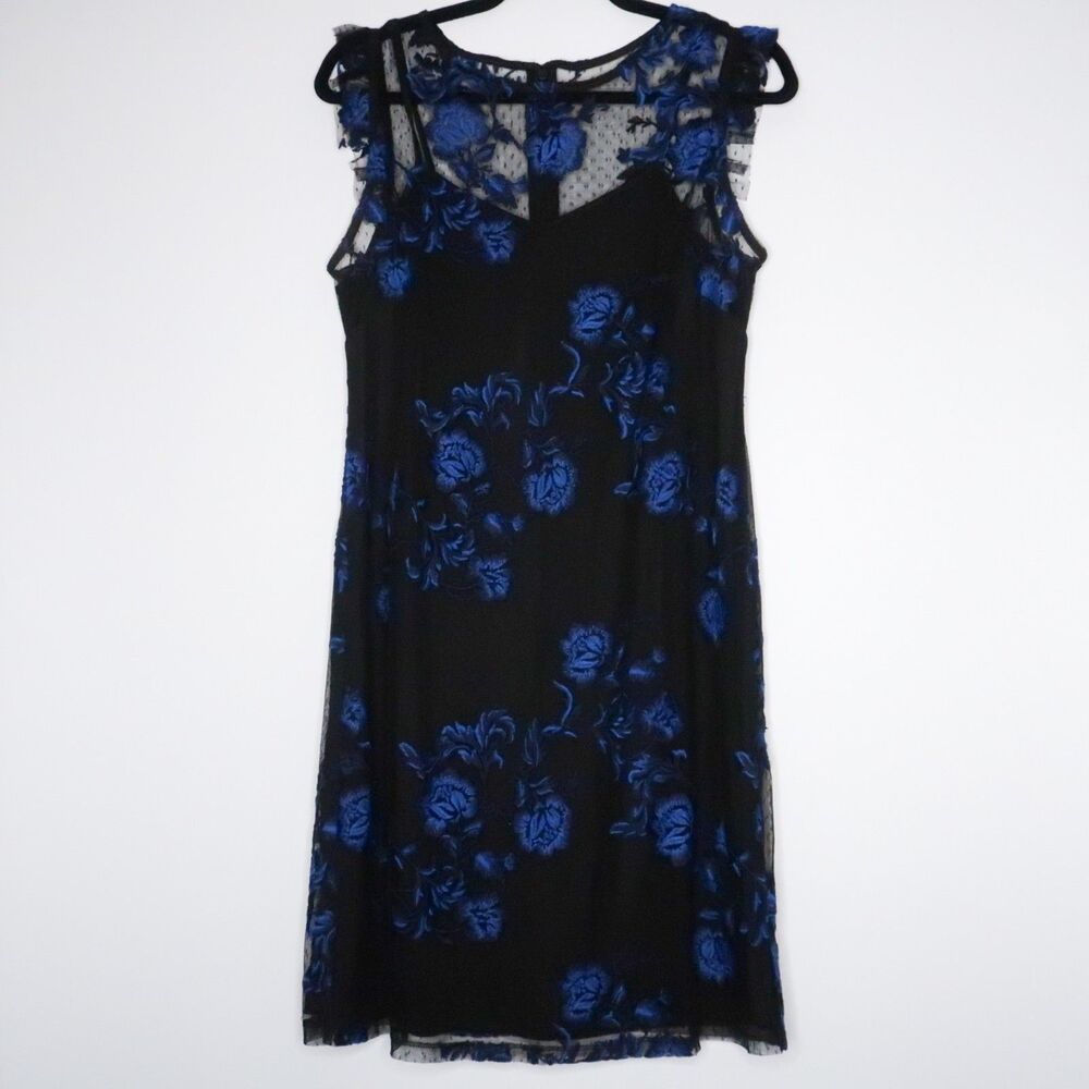 Julia Jordan Womens Short Dress 12‎ Black Blue Floral Sheer Dots Ruffle